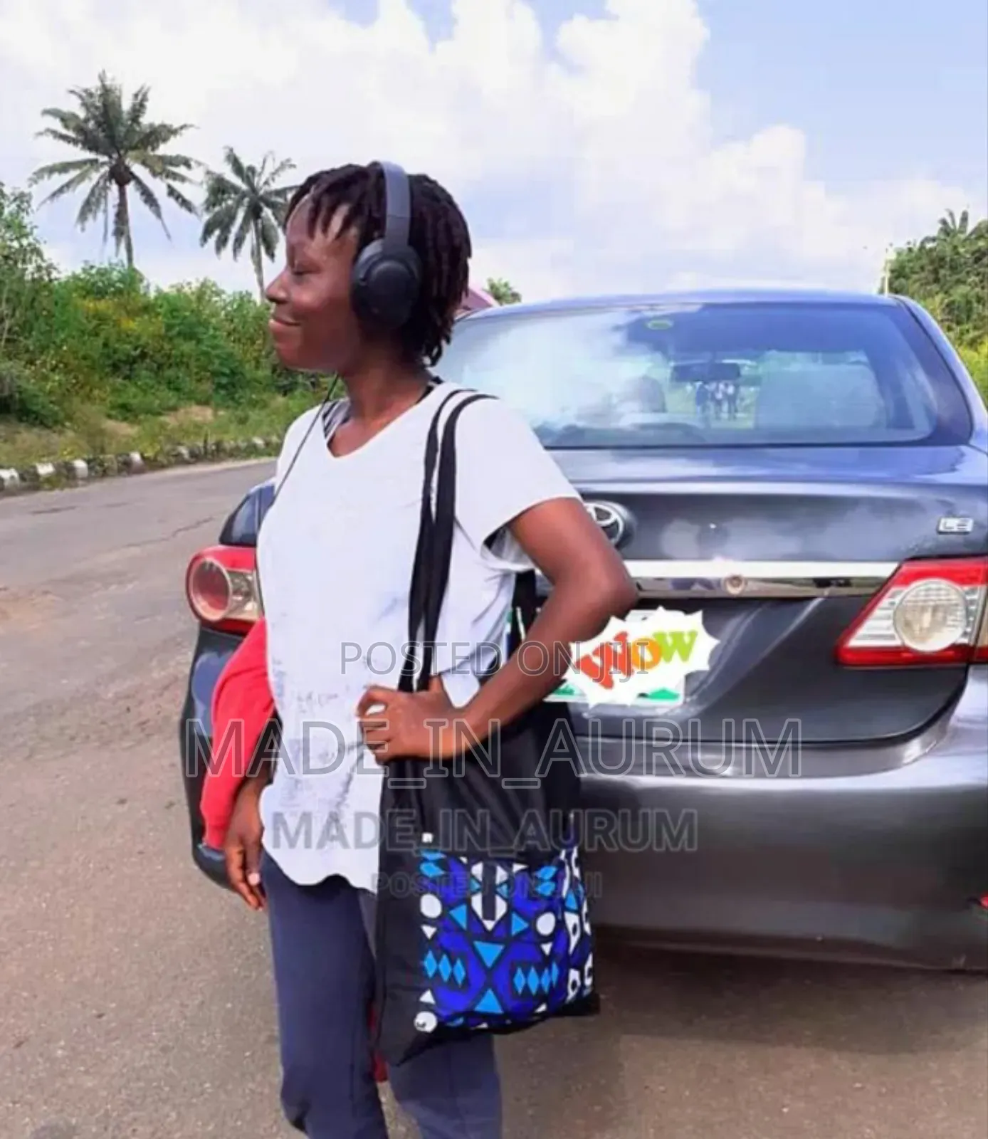 Jean Tote Bag With African Print Pocket