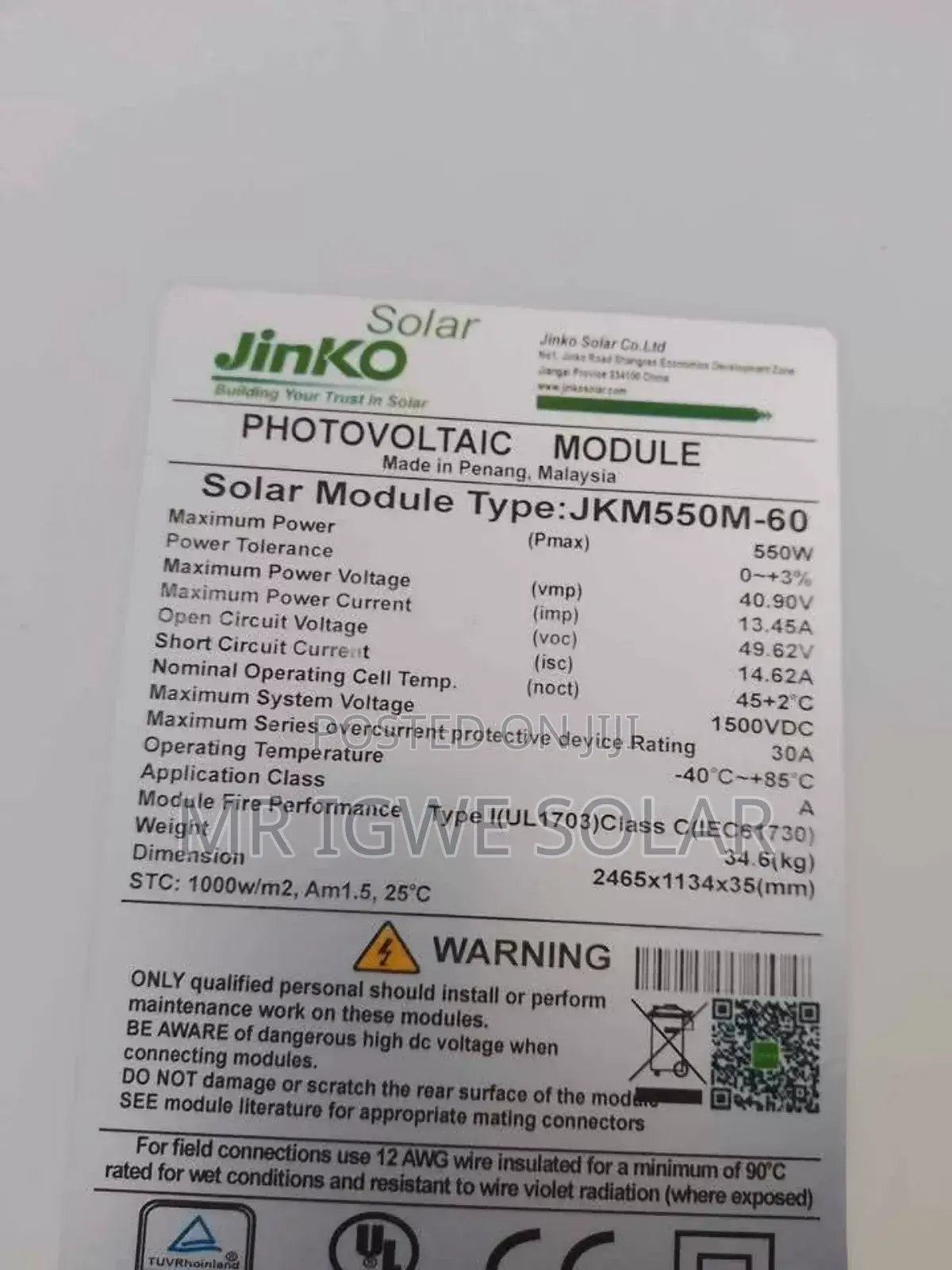 Jinko 550watts Panels
