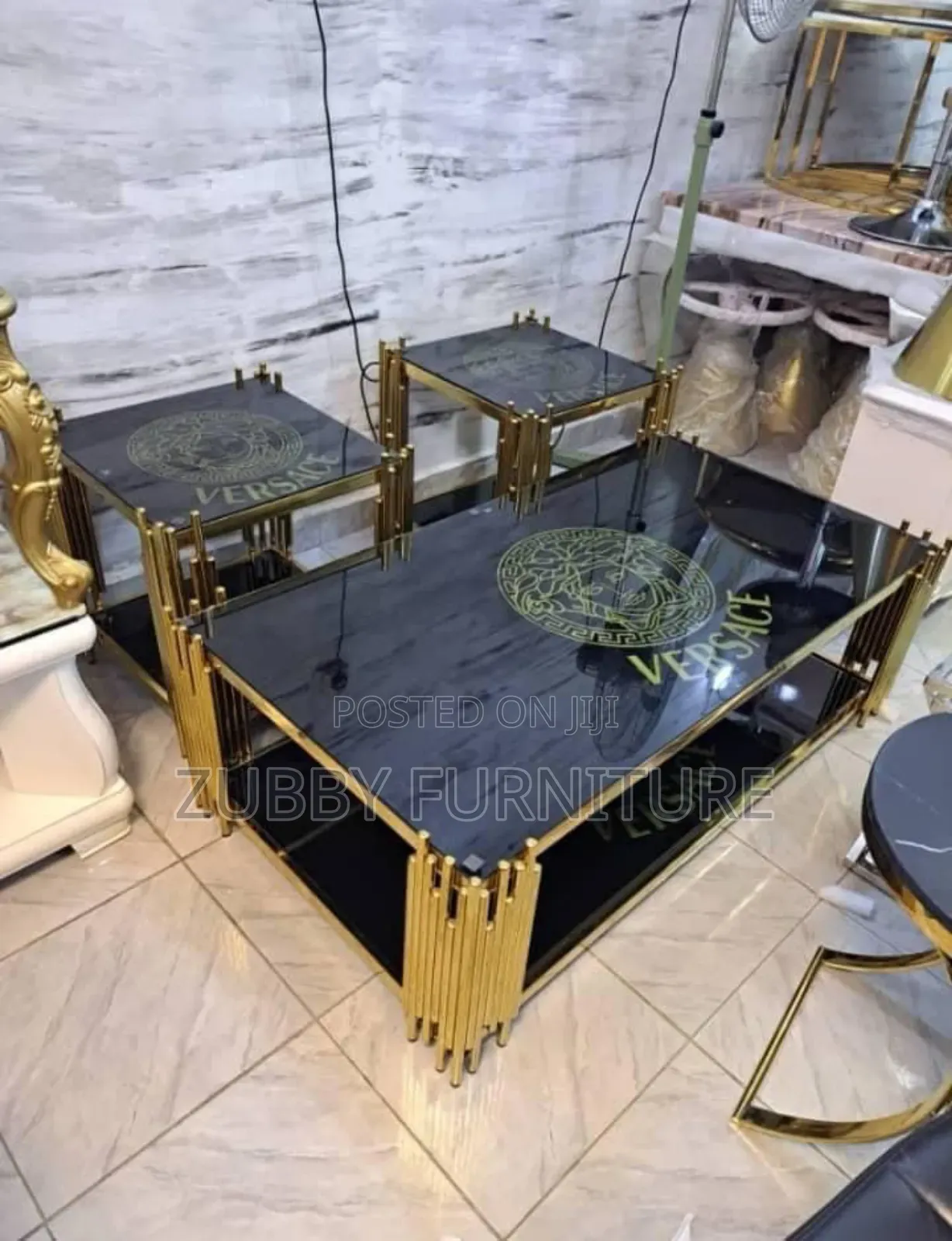 Versace Design Glass Top Center Table With 2 Side Tables