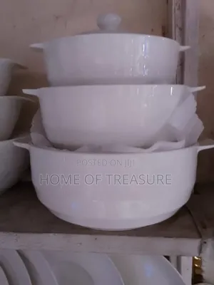 Stack of Three White Color Ceramic Bowls With Lids