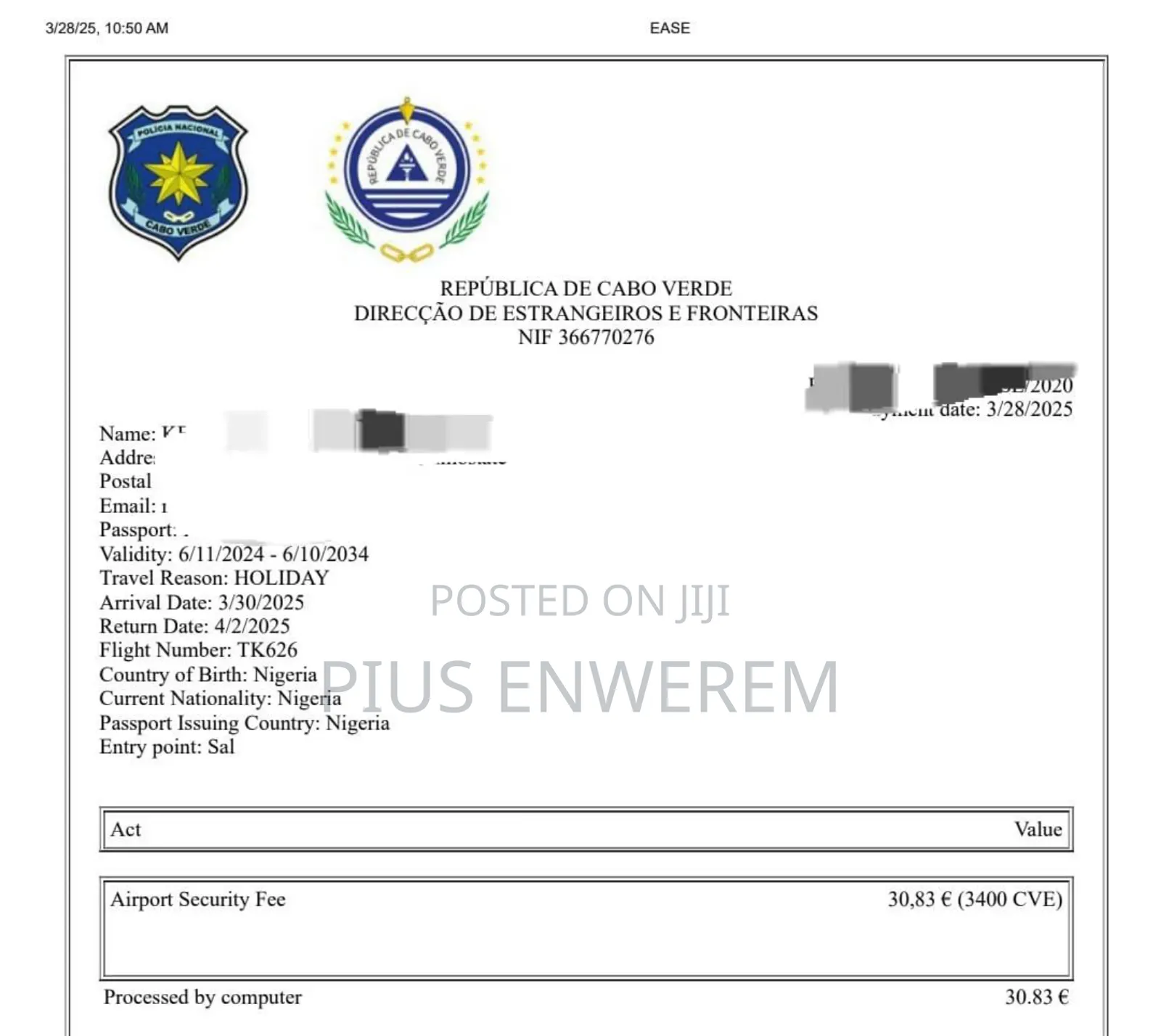 Cape Vade Entry Permit (100%)