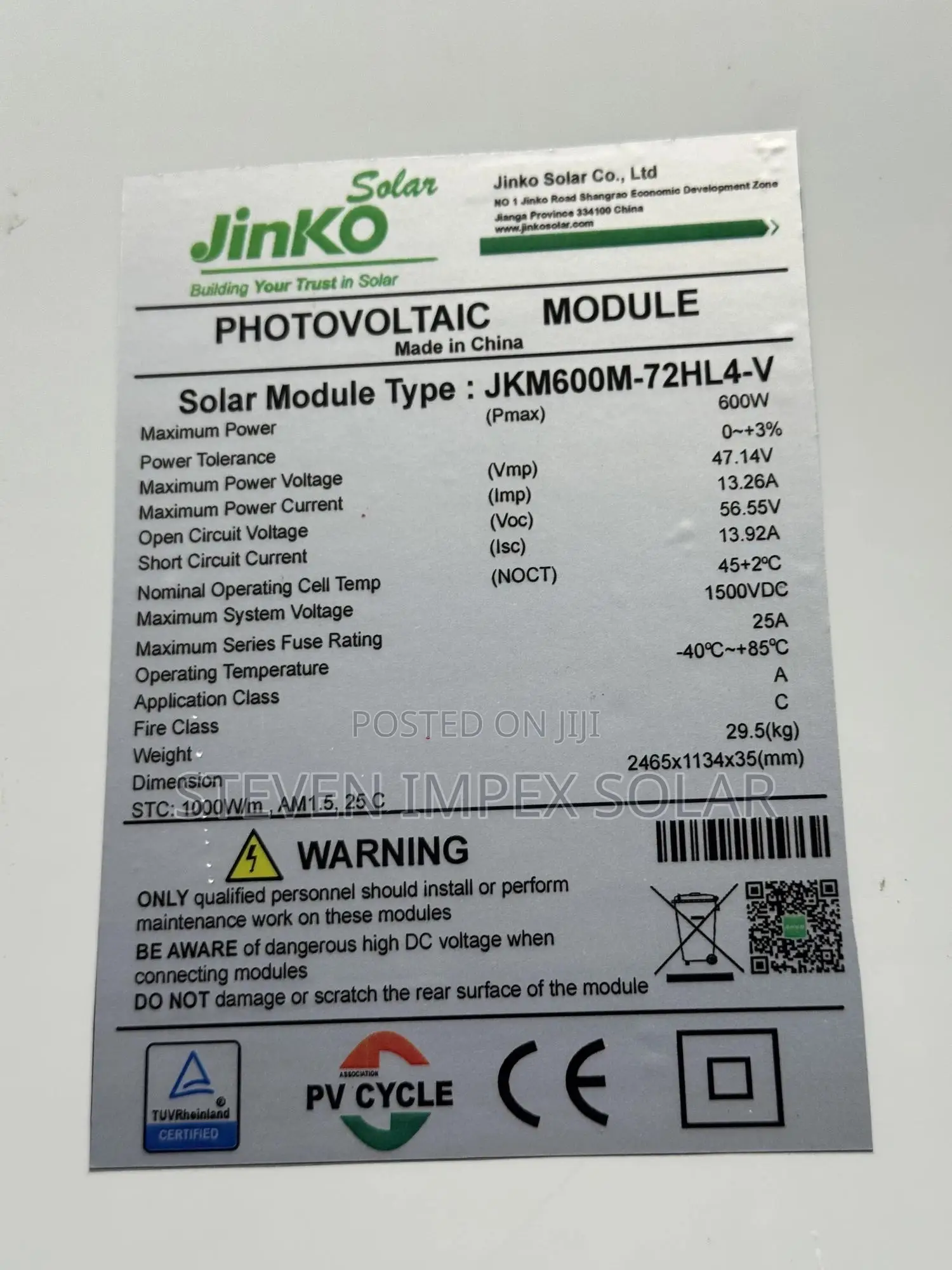 Jinko Solar Panel Half Cut Mono 600watts 144cells