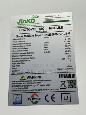Jinko Solar Panel Half Cut Mono 600watts 144cells