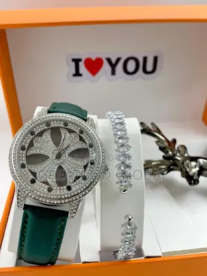 Ladies Spinning Stone Leather Watch+Bracelet+Box