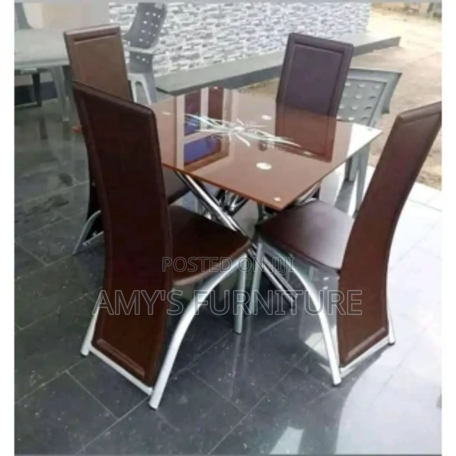 Glass Dinning Table With 4 Unique Leather Chairs | Brown