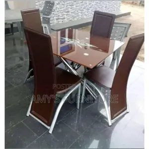 Glass Dinning Table With 4 Unique Leather Chairs | Brown