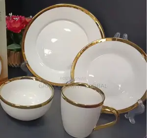 16pcs Ceramic White Plate With Gold Rim