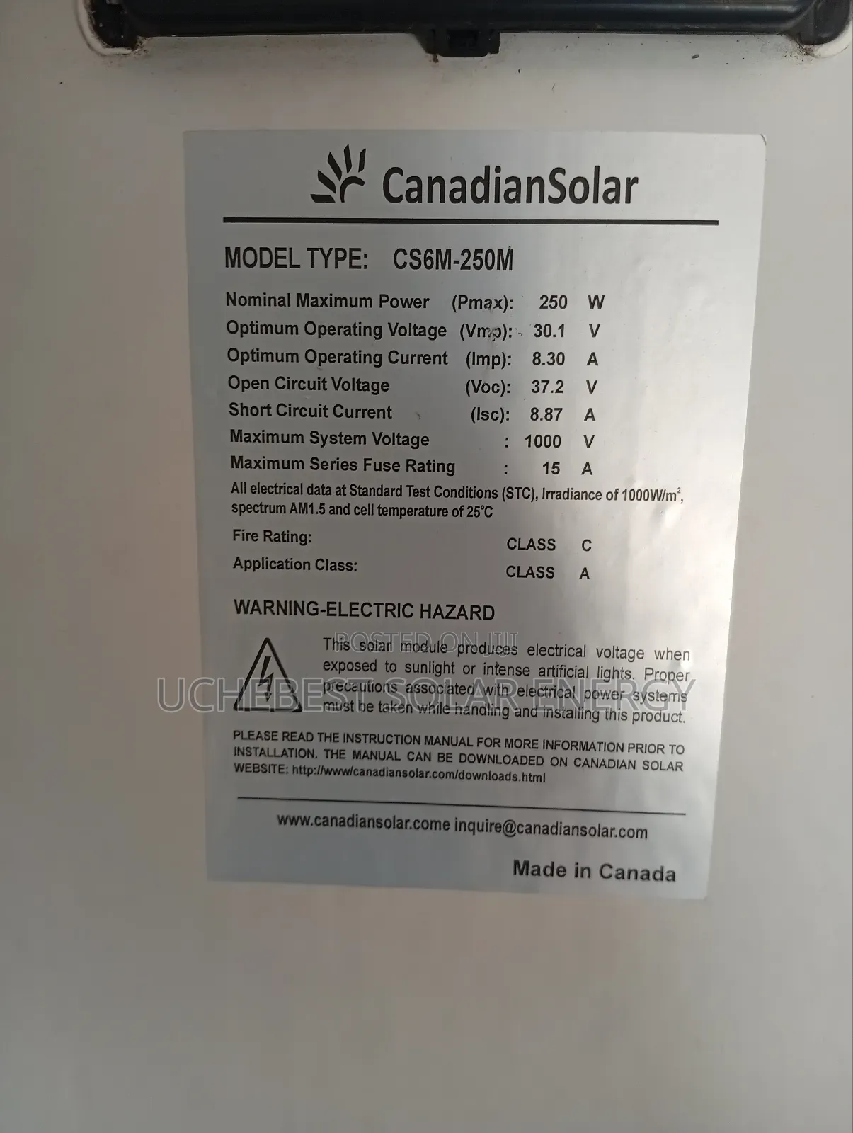 250w/36v/72cell Canadian Mono Panel