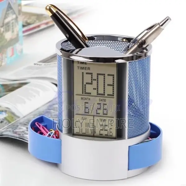 Office LCD Alarm Clock Time Temperature Display Pen Pencil