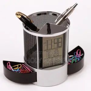 Office LCD Alarm Clock Time Temperature Display Pen Pencil