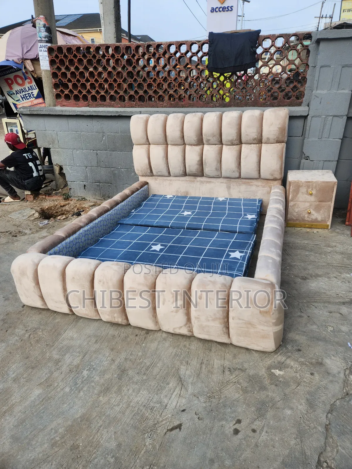Cream Coloured 4.5by6 Upholstery Bed With Cupboard