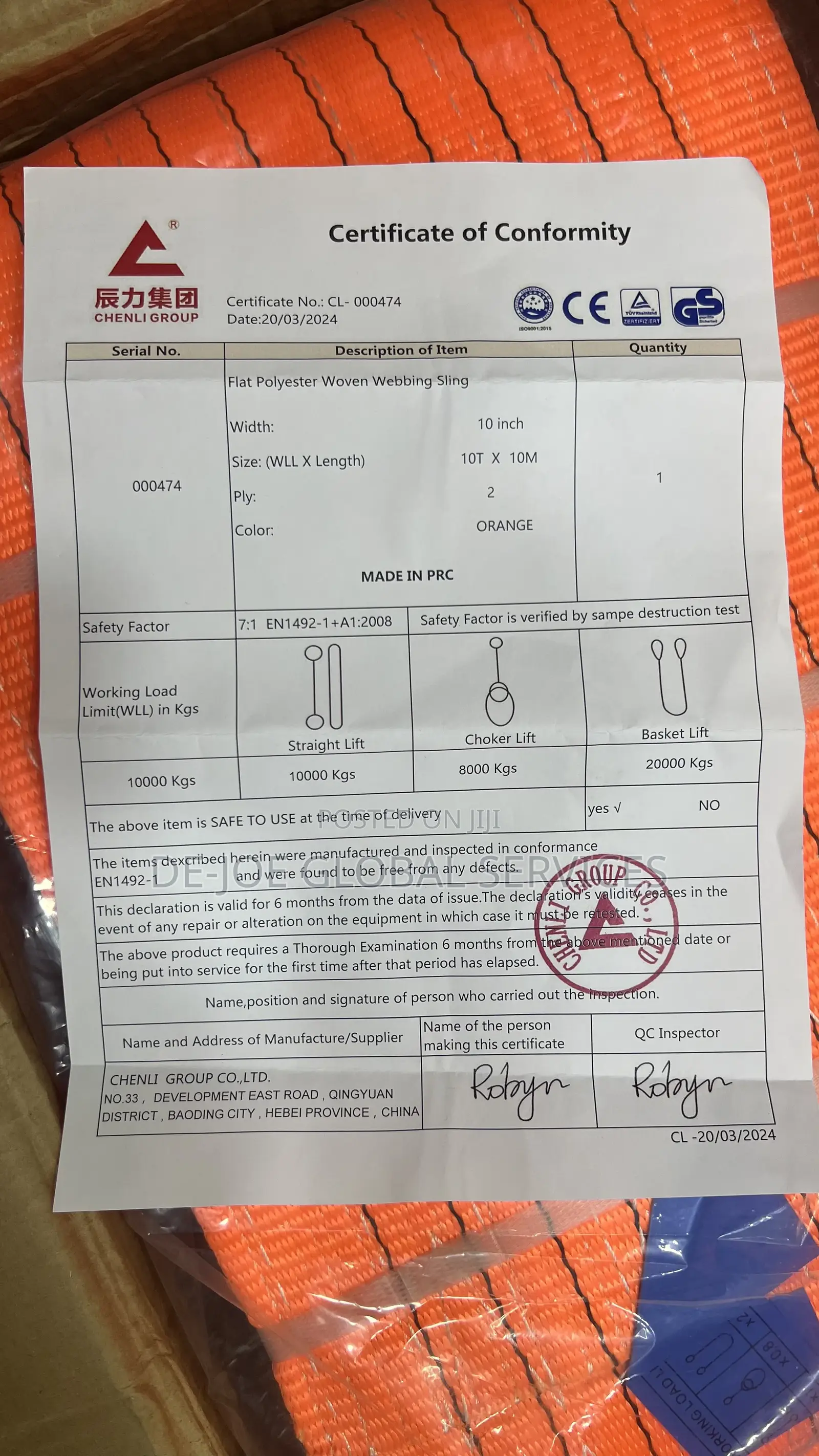 10t X 10mtrs Webbing Sling Flat 7:1 Safety Factor