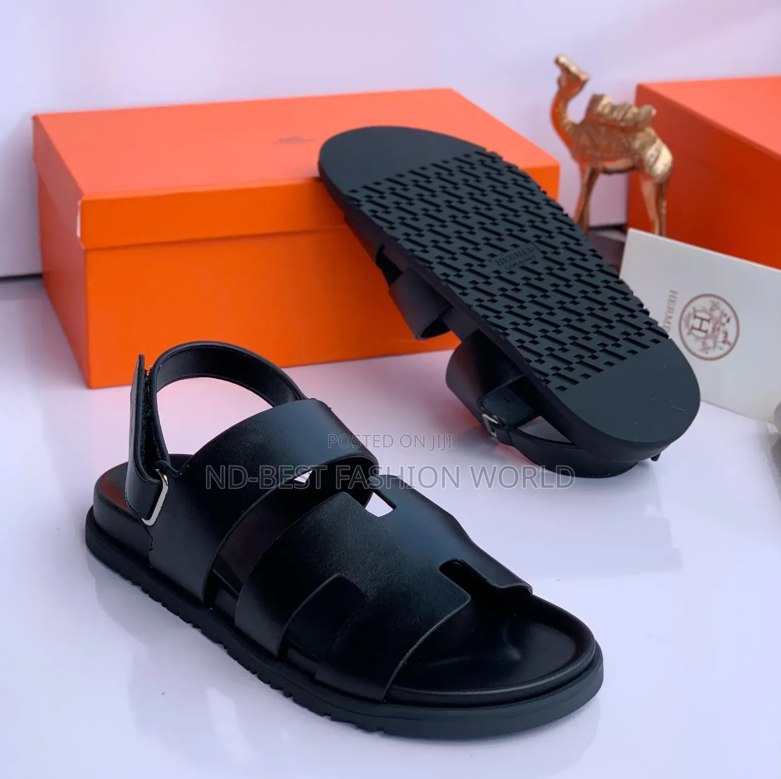 Black Hermes Leather Sandals