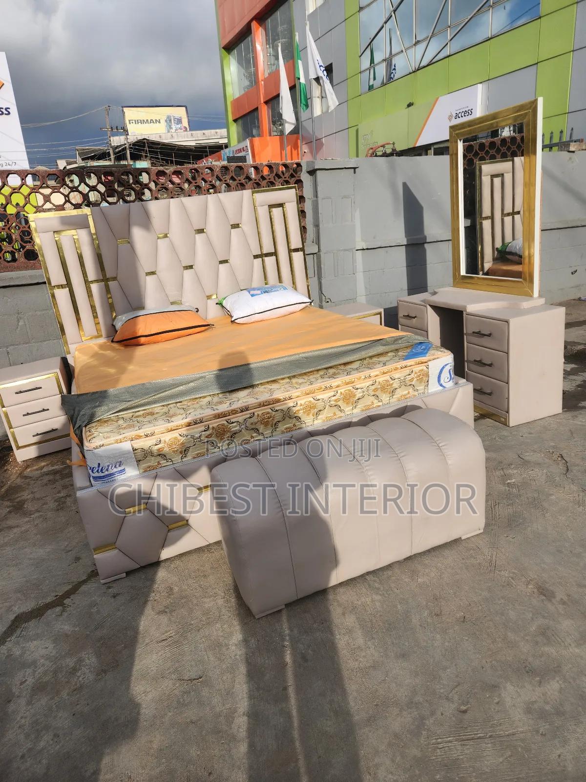 Luxury Leather Bed Stand With Dresser, Cupboards, Footrest