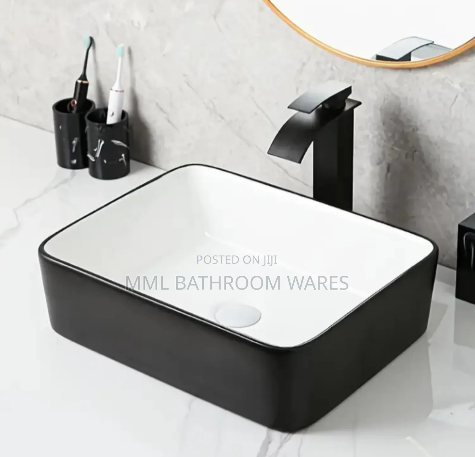 Ceramic Sink - Rectangular White and Black Countertop Basin