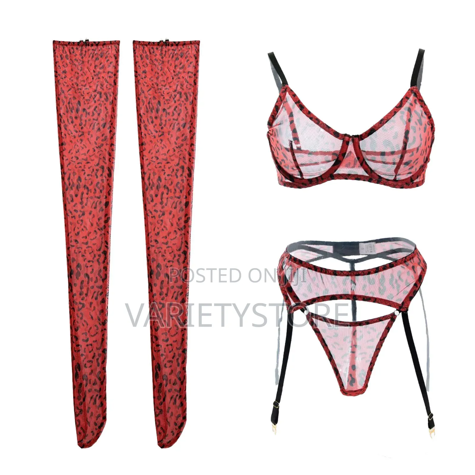 Sexy Red Leopard Print Semi Transparent Split Lingerie Set