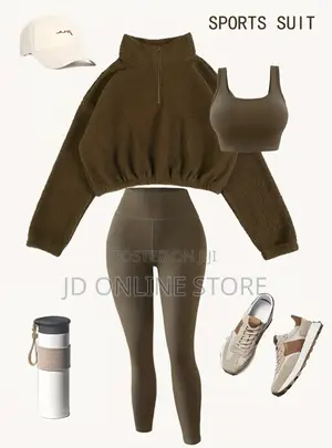 Photo - New Solid Color Elastic Yoga Pants With Half-Zip Hoodie