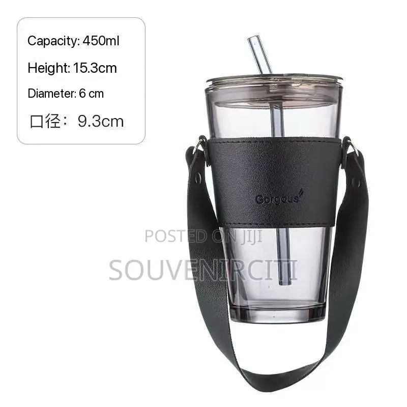 450ml Leather Grip Thickened Glass Straw Cup - Drinkware
