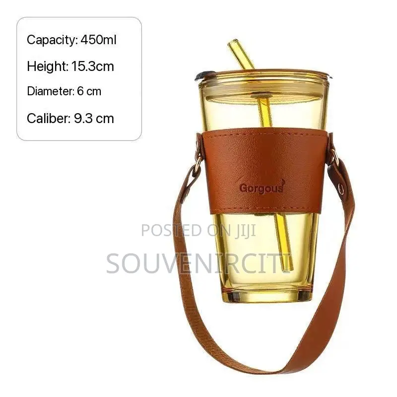 450ml Leather Grip Thickened Glass Straw Cup - Drinkware