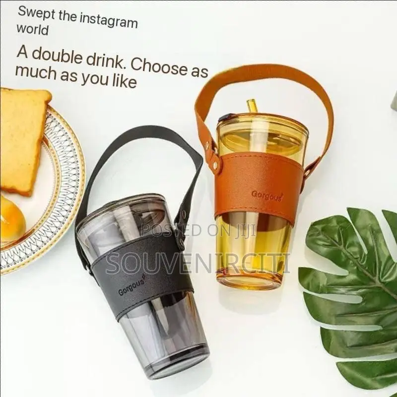 450ml Leather Grip Thickened Glass Straw Cup - Drinkware