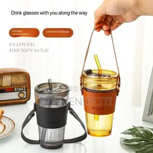 450ml Leather Grip Thickened Glass Straw Cup - Drinkware