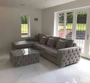 L Shaped Grey Pillow Chesterfield Sofa With Center Table