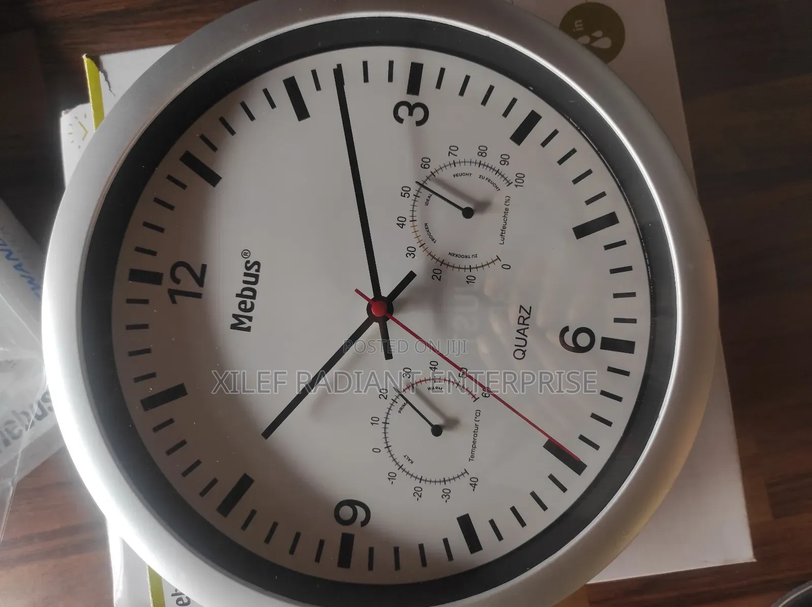 Mebus Quartz Wall Clock With Thermometer and Hygrometer.