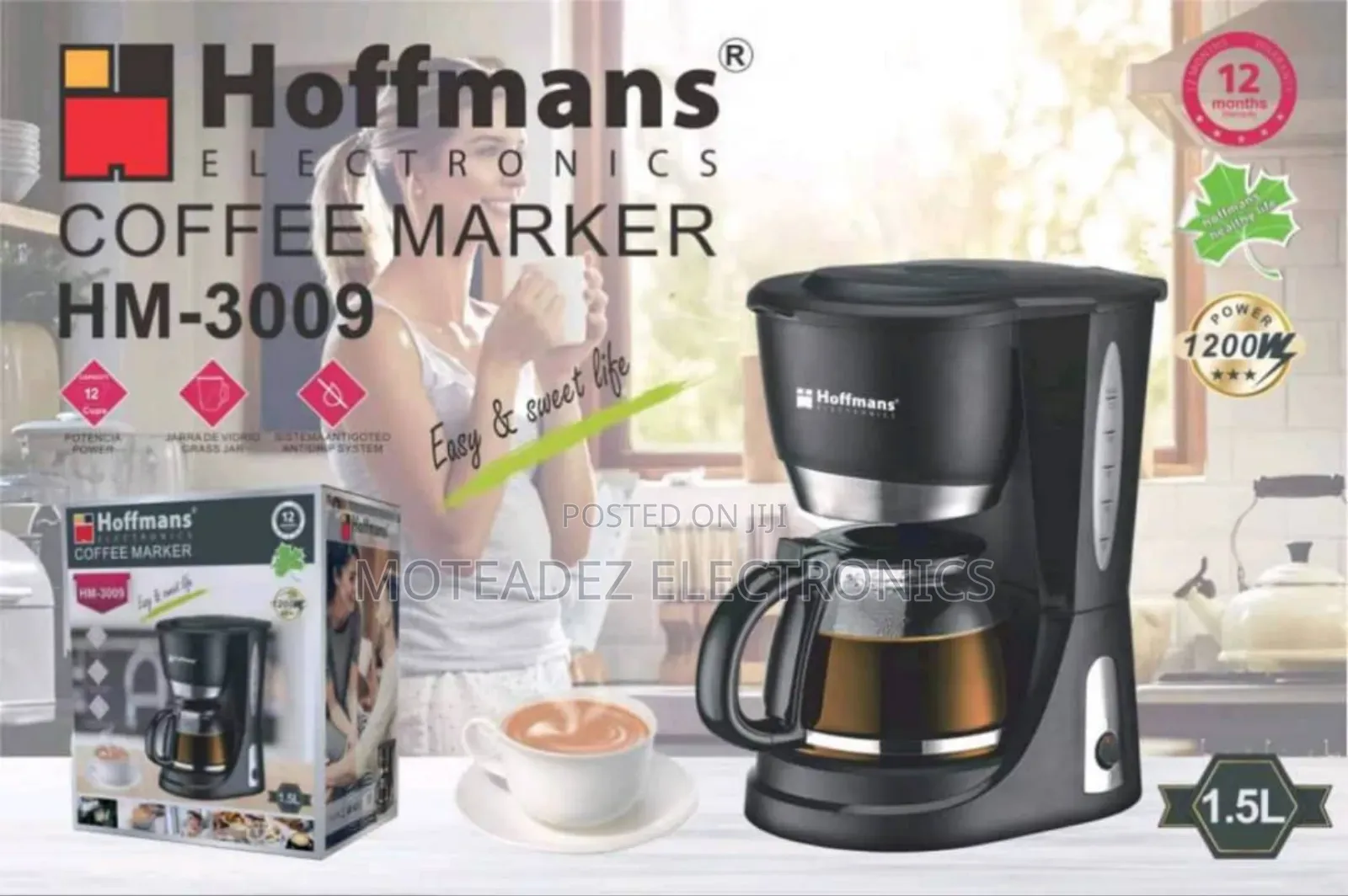 Hoffmans 1200w (1.5l) Anti Drip Electric Coffee Maker/Machine