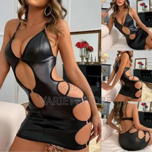 Sexy Women Patent Leather Hollow Out Plunge Suspender Dress