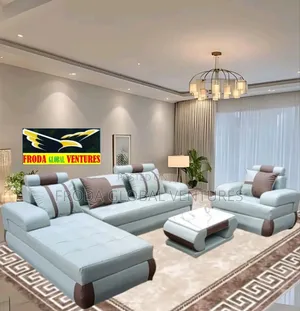 Leather Couch of L-Shape Sofa, Single Chair and Table. Jp01