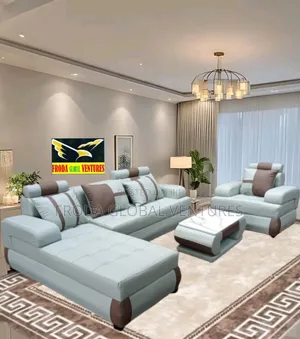 Leather Couch of L-Shape Sofa, Single Chair and Table. Jp09
