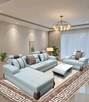 Leather Couch of L-Shape Sofa, Single Chair and Table. Jp10
