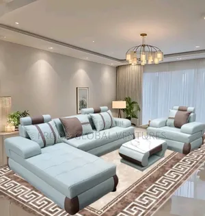 Leather Couch of L-Shape Sofa, Single Chair and Table. Jp11