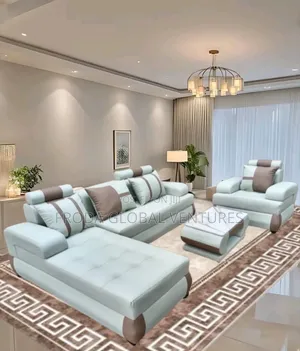 Leather Couch of L-Shape Sofa, Single Chair and Table. Jp14