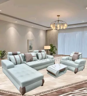 Leather Couch of L-Shape Sofa, Single Chair and Table. Jp15