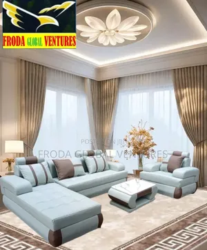 Leather Couch of L-Shape Sofa, Single Chair and Table. Jp34