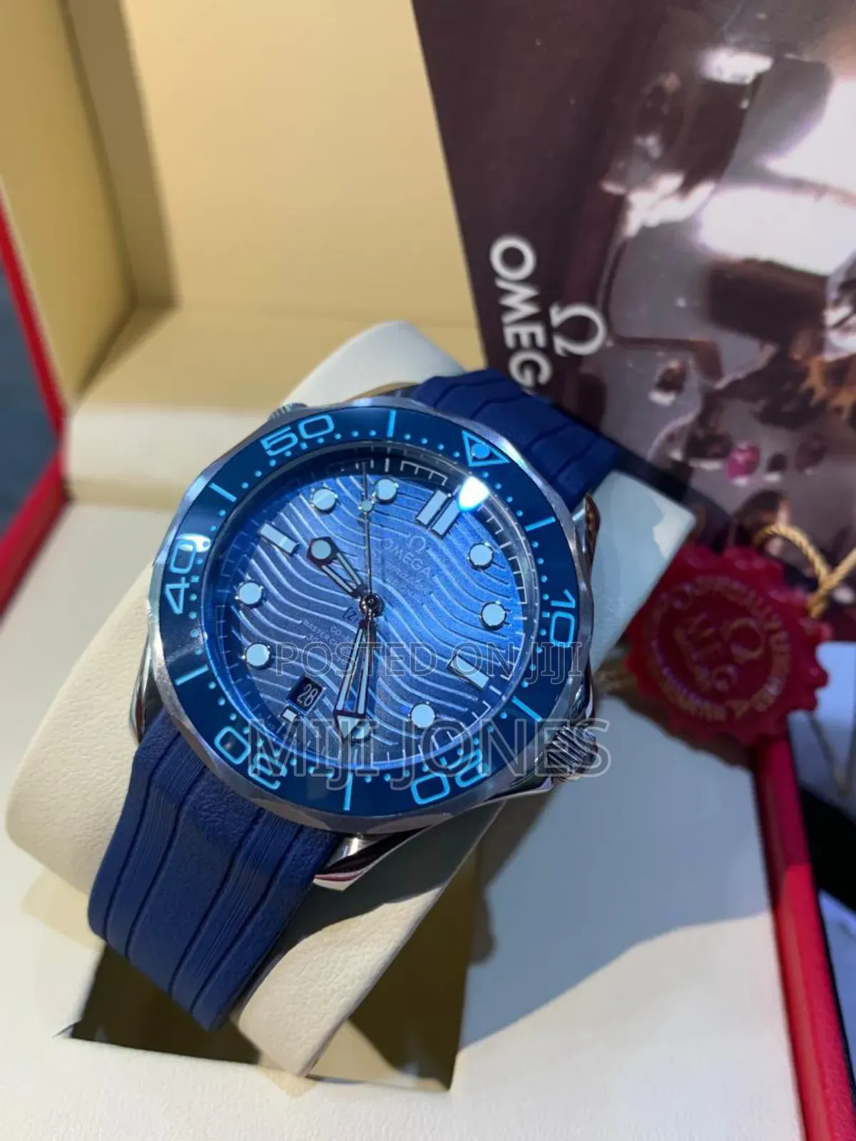"Omega Inspired Blue Rubber Strap Watch"