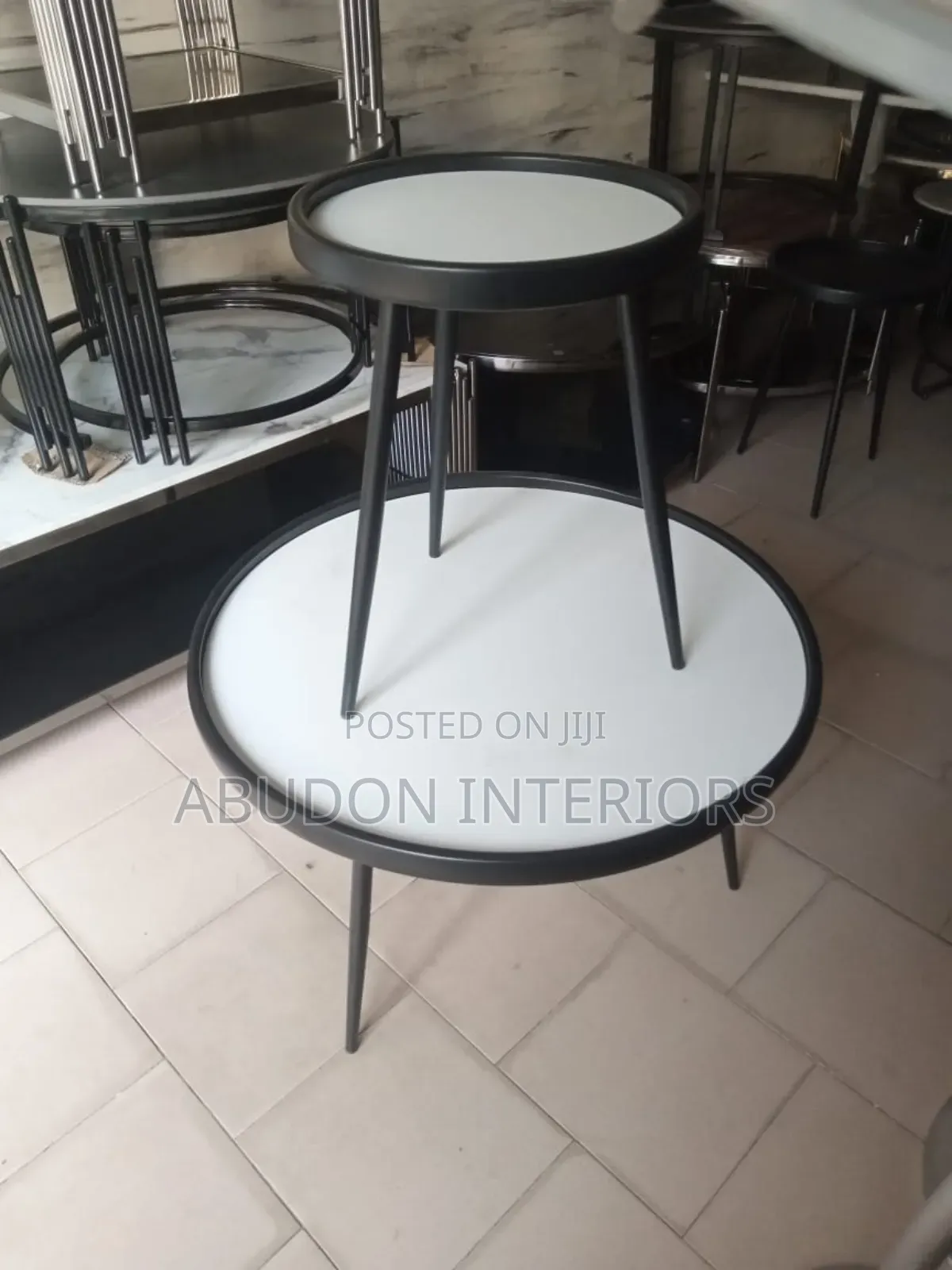 White On Black Center Table With Side Stools
