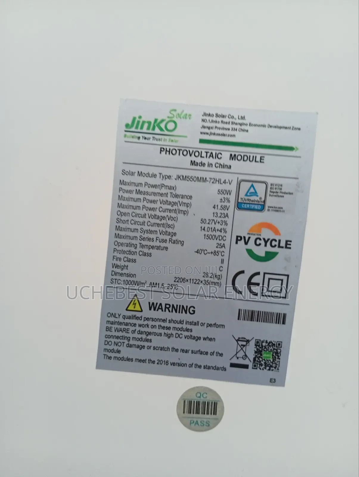 Jinko Panel 550w/144cell/41.58v