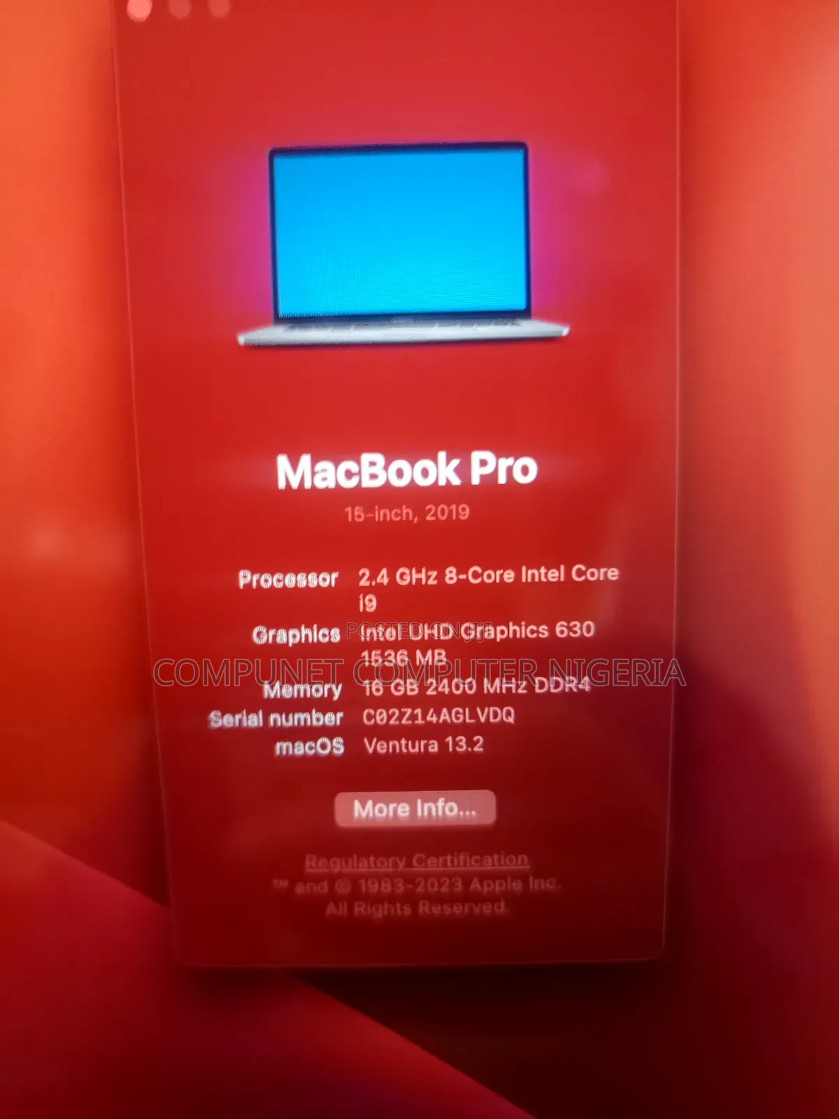 Laptop Apple MacBook Pro 2019 16GB Intel Core i9 SSD 500GB