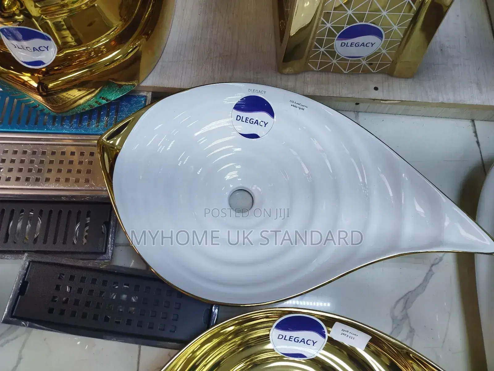 Counter Top Wash Hand Basin White With Line Gold.