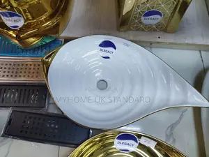Counter Top Wash Hand Basin White With Line Gold.