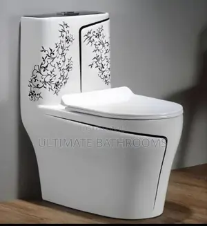 White and Black Flowered Designed Watercloset