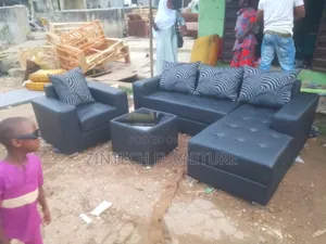 Leather Fabric L Shape Sofas and a Single Seater