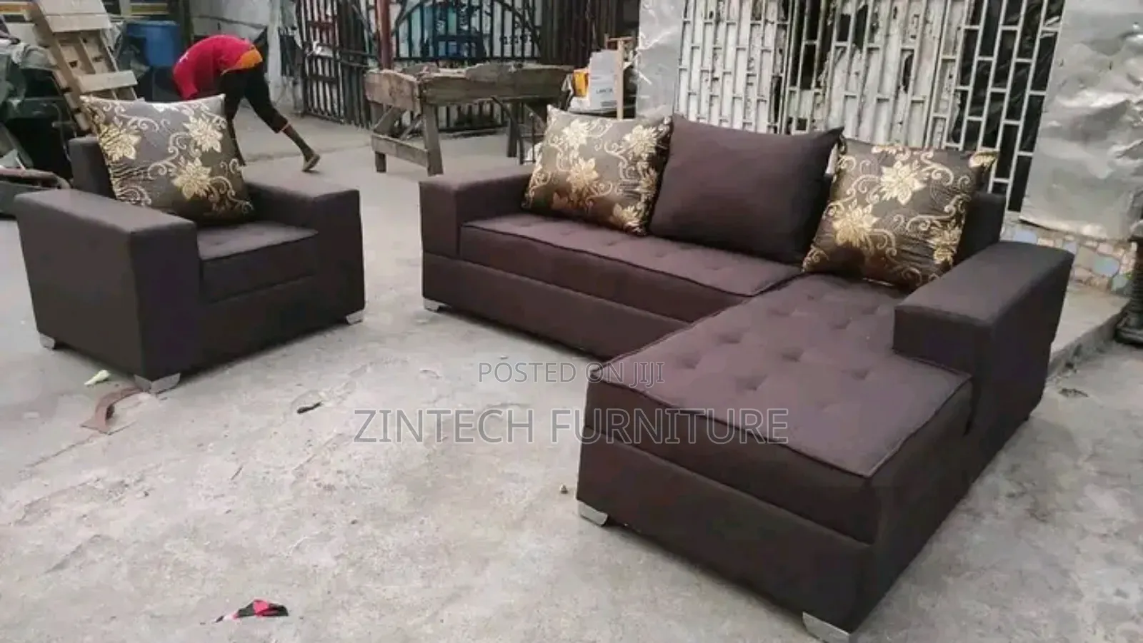 Brown Fabric L Shape Sofas and a Single Seater