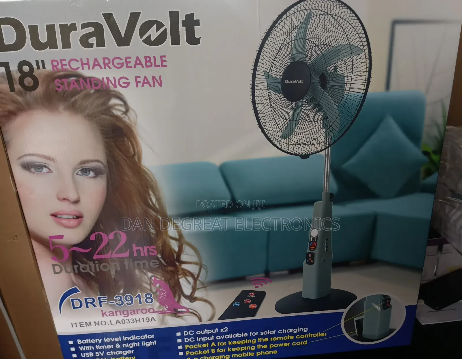 Duravolt 18" Rechargeable Standing Fan
