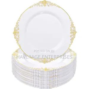 100pcs Disposable Plates Plastic Bowls With Gold Rim