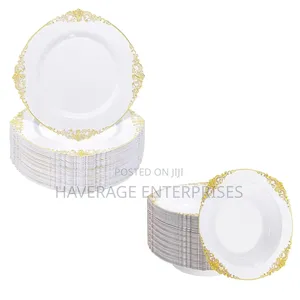 100pcs Disposable Plates Plastic Bowls With Gold Rim