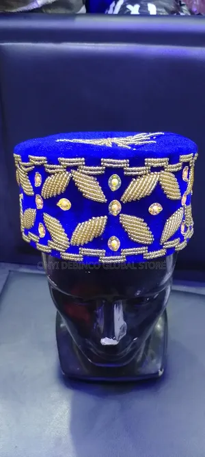 Photo - Blue and Gold Bead Igbo Edo Traditional Wedding Cap for Men