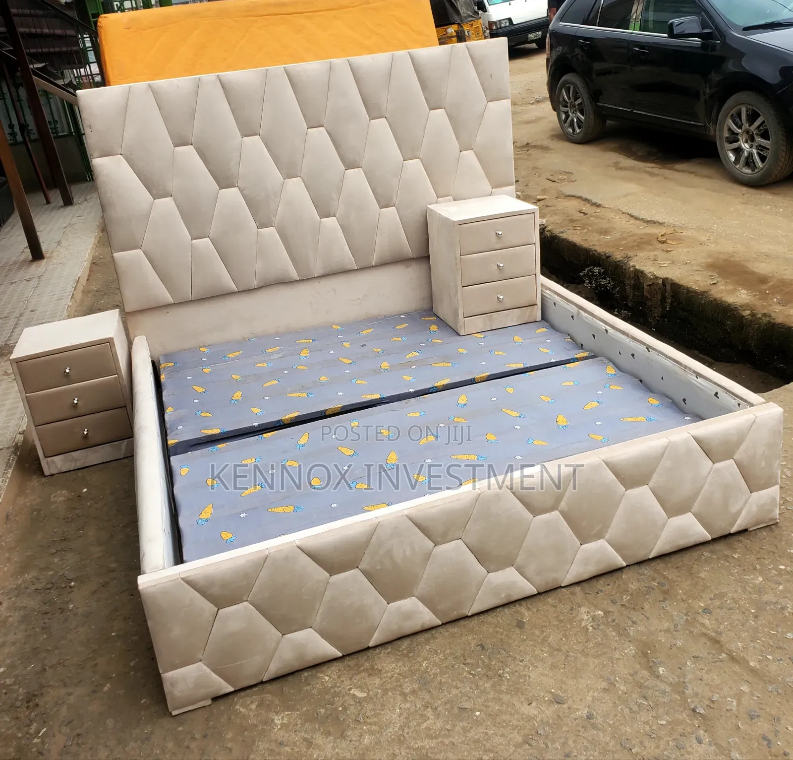 6 by 6 Milk Bedframe With 2 Bedsides Drawers